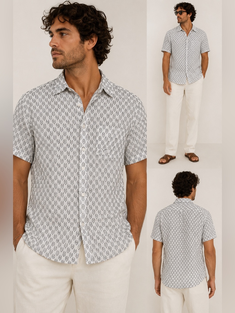 Fabindia 100% Linen Geometric Print Button Up Shirt Ivory Black Size 40